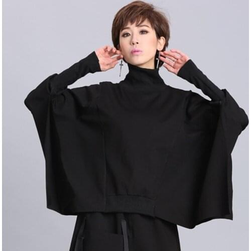 Turtleneck Casual Women Tees Tops Black Cotton Loose Long Sleeved Spring autumn T-Shirt O-Neck Fashion Irregular Batwing Blouse