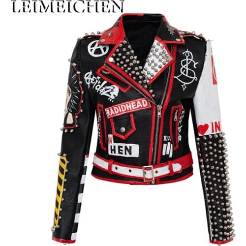LEIMEICHEN PU Leather Jacket Women Rivet Punk Rock Jacket Biker Motorcyclist Black Short Coat Leather Top S—3XL MT-21685
