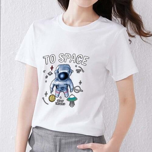 Womens Sweet and Versatile Casual T-shirt with Cartoon Pattern Cute Space Astronaut Print Series O-neck Slim Soft Ladies Top