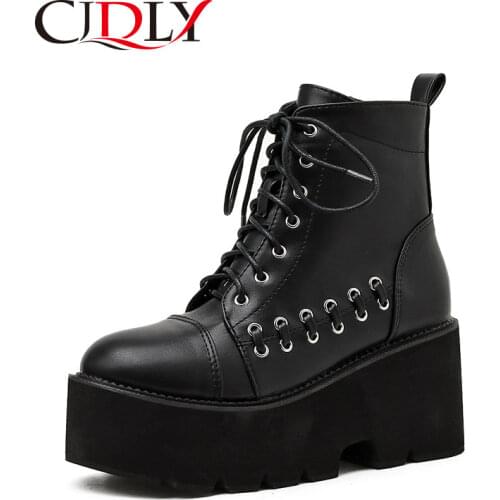 CJDLY 2020 Gothic Style Punk Female Ankle Boots Autumen Winter Women Shoes Round Toe Lace-Up Thick High Heels Ladies Shos Black