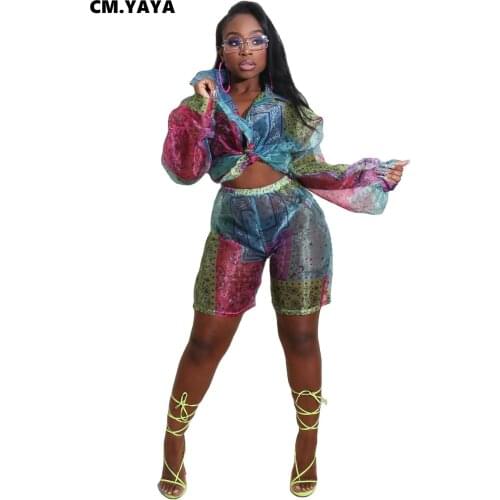 CM.YAYA 2021 Women Bandana Print Two Pieces Sets Tracksuits Tee Tops Shors Suit Full Sleeve Mesh See Through Outfit