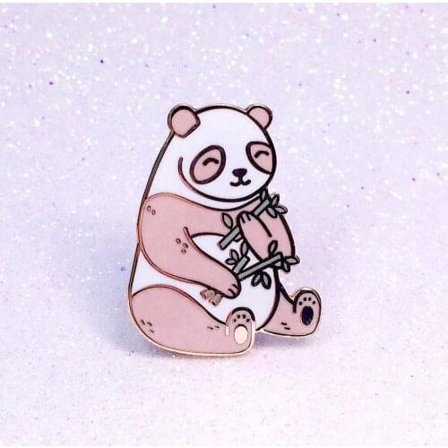 Cute Pink Panda Eat Bamboo Hard Enamel Pin Cartoon Fashion Pastel Animal Gold Brooch Medal China National Treasure Unique Gift