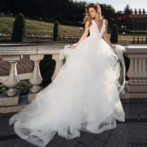 V Neck A Line Satin Wedding Dresses Tulle Sleeveless Wedding Gowns Formal Brides Dress 2021 vestidos de noiva Backless