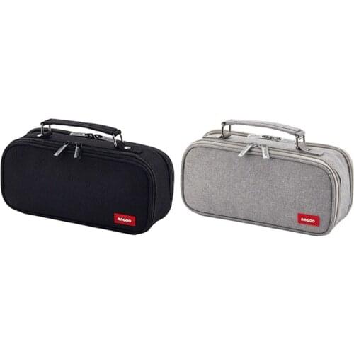 Angoo 2Pcs Pencil Case Canvas Double Layer Large Capacity Kawaii School Supplies Pen Box - Grey & Black