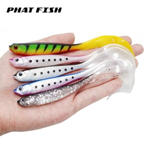 PHAT FISH 4pcs/pack 3D Eyes Soft Fish Lures 11.5cm 6g Bass Long Curl Tail Abdominal Hook Groove Swimbaits Jig Wobblers