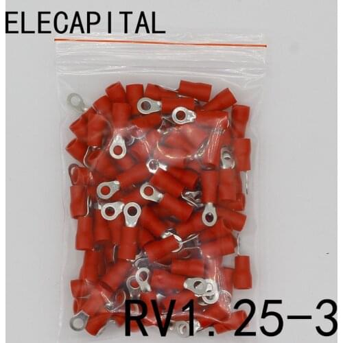 RV1.25-3 Red Ring Insulated Wire Connector Electrical Crimp Terminal RV1.25-3 Cable Wire Connector 100PCS RV1-3 RV