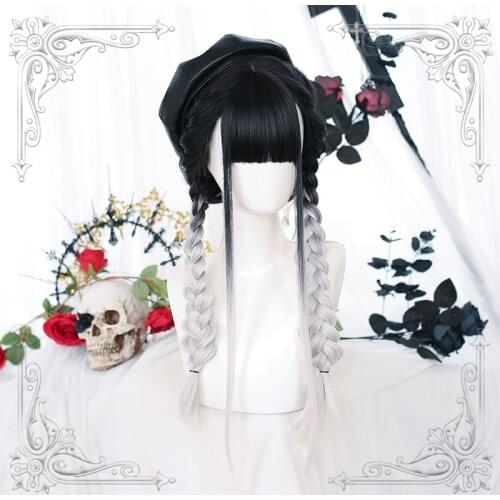 Gradient Black Gray White Kawaii Lolita Wig Peach Harajuku Long Straight Hair Adult Chic Girls Women Princess Cosplay Daily Wear