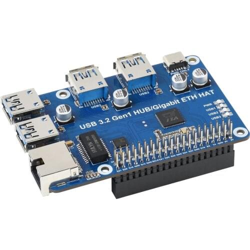 Waveshare USB 3.2 Gen1 And Gigabit Ethernet HUB HAT For Raspberry Pi, 3x USB 3.2 Gen1, 1x Gigabit Ethernet, Driver-Free