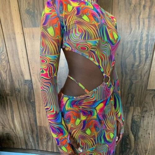 Hirigin Backless Tie Dye Print Sheer Mini Dresses Mesh Bodycon Long Sleeve Women Sexy Hot Midnight Club See Through Party Dress