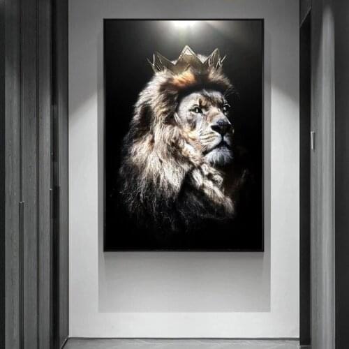 Modern Animal Head with Crown Art Lion Canvas Paintings Posters and Prints Wall Art Pictures for Living Room Home Decoration