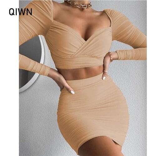 QIWN Fleece Ruched Two Piece Set Women Sexy Bodycon Backless Crop Top Skirts Set Autumn Casual Long Sleeve 2 Piece Set Clubwear