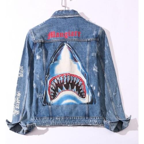 American Street Fashion Men Jackets High Quality Retro Blue Shark Printed Designer Ripped Denim Jacket Men Hip Hop Punk Coats