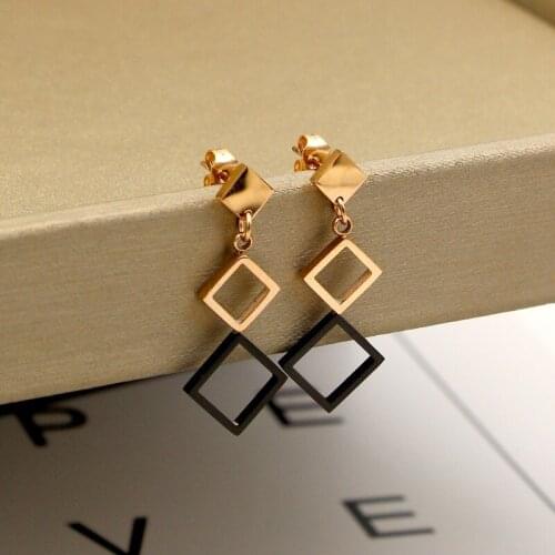 Fashion Stainless Steel Love Geometric Rhombus Square Drop Earrings Rose Gold Color Lady Women Party Wedding Gift