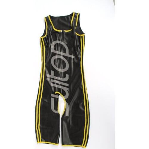 Free shipping Wet Look Sexy Men Latex Catsuit rubber jumpsuits (Black and yellow trim) open crotch