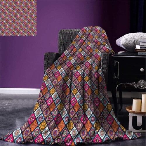 Moroccan Throw Checkered Pattern Design with Various Folkloric Abstract Flower Motifs Boho Style Warm Microfiber Blanket