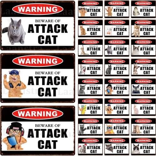 Beware of Cat Warning Sign Wall Poster Cute Vivid Cat Metal Sign Garden Door Tin Plate Room Decoration Animal Iron Sheet Brand