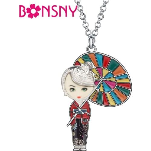 Bonsny Enamel Alloy Japanese Doll Necklace Elegant Lady Umbrella Pendant Jewelry For Women Girls Fashion Gifts Party Accessories