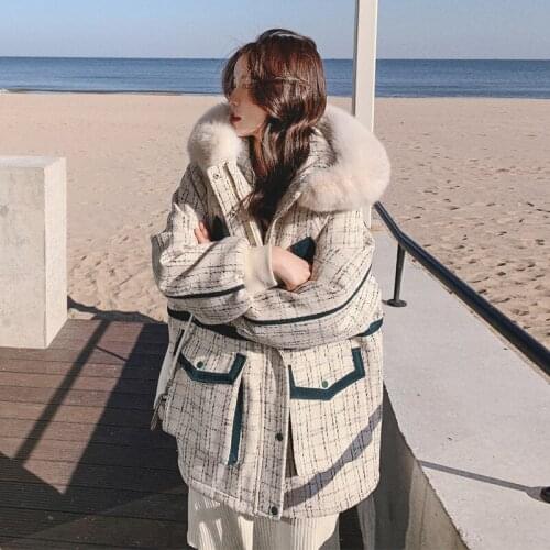 Womens Coat Winter Faction Overcomes Cotton Short Big Size Fashion Parka Thick Loose Plaid Plus Velvet Hooded Fur Collar Jacket