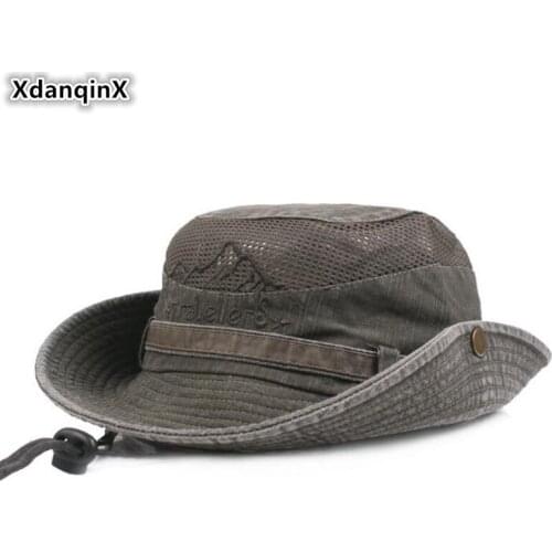XdanqinX Summer Mens Cap 100% Cotton Retro Mesh Breathable Bucket Hats 2019 New Style Wind Rope Fixed Panama Dads Beach Hat
