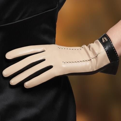 Real Leather Gloves Female Touchscreen Two-Tone Color Fashion Trend Winter Thicken Warm Sheepskin Womans Gloves L169NC2