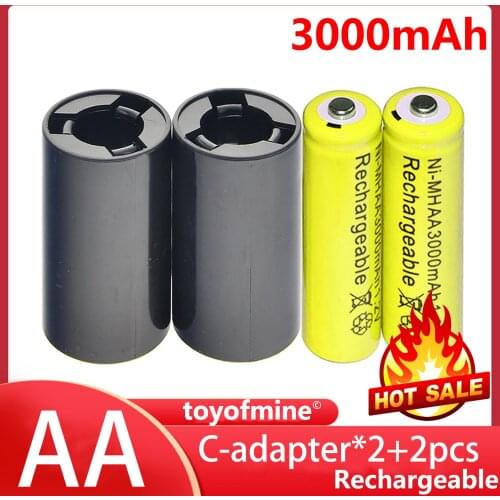 2x AA 1.2v 3000mAh Ni-MH Rechargeable Battery Yellow + 2x C Battery Adapter Converter