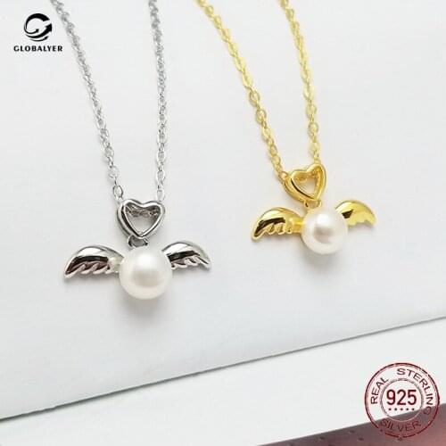 S925 Silver Angel Wing Pendant Female Pearl Necklace Fashion Sweet DIY Silver jewelry Birthday gifts Free shipping 797