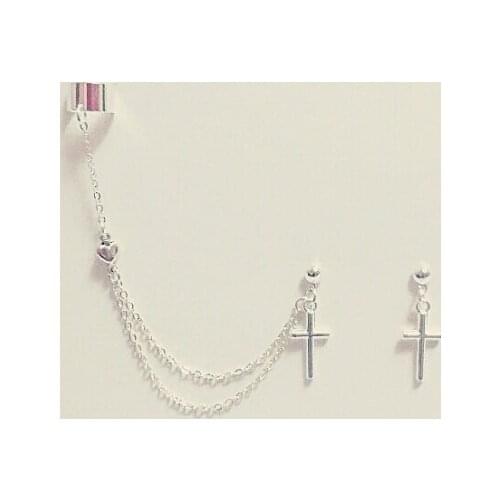 Cross And Tiny Heart Charm Cartilage Chain Earrings