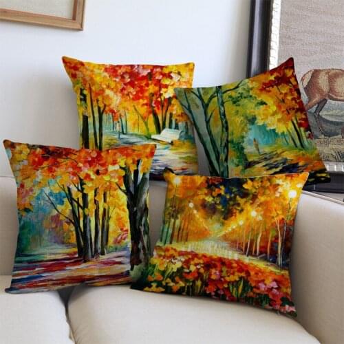 Scandinavian Oil Painting Golden Autumn Forrest Cushions Cover For Home Decoration Sofa Throw Pillow Covers Linen Pillowcase
