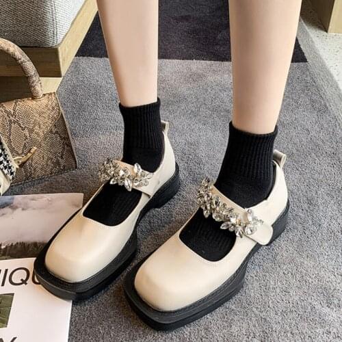 Lucyever Fashion Crystal Pumps Women Big Square Toe Thick Bottom Med Heels Mary Janes Shoes Woman Sweet Lovely Lolita Shoes