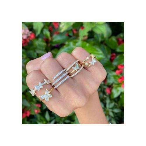 High quality Gold color delicate 3pc Butterfly band Rings with bling clear CZ paved For Women Minimal Wedding jewelry wholesale