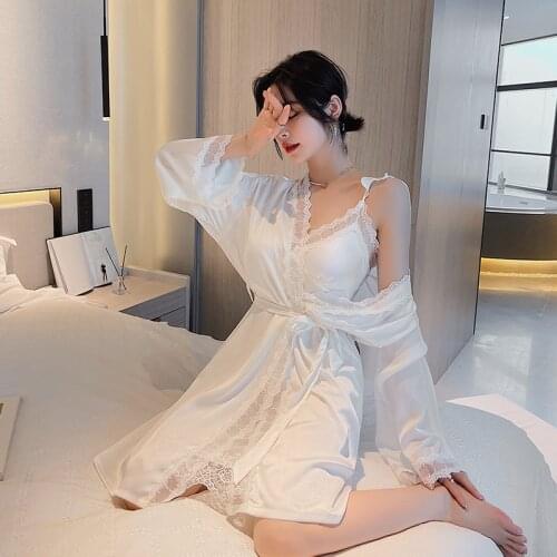 Ice Silk Nightdress Womens Summer Thin 2Pcs Suit Nightgown with Chest Cushion Sling Gowns Robe Home Wear Sexy Sleepwear