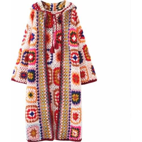 Women 2021 New Fashion Hand Made Crochet Hooded Jacket Coat Vintage Long Sleeve Long Section Female Outerwear Chic Tops