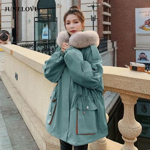 JuneLove Women Winter 2021 New Loose Padded Tooling Padded Jacket Parker Padded Jacket Vintage Female With Fuax Fur Collar Coats