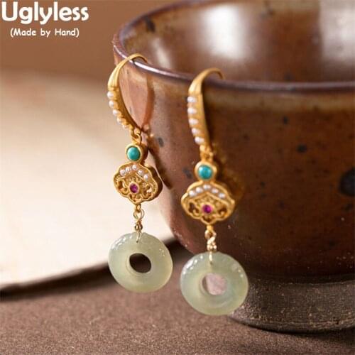 Uglyless Eastern Beauty Peace Buttons Dangle Earrings for Women Natural Pearls Jade Turquoise Earrings 925 Silver Brincos Bijoux