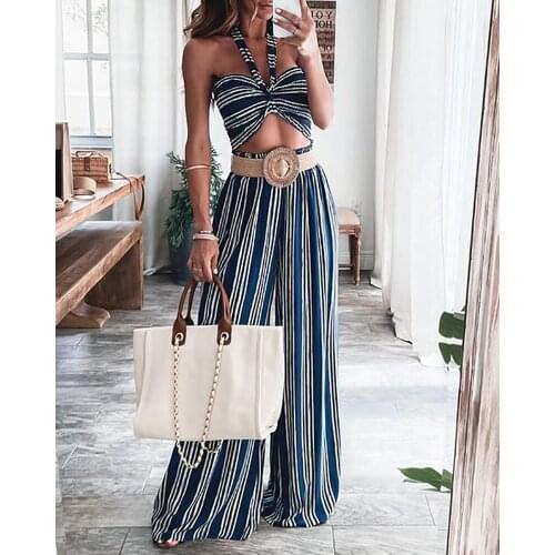 2021 Summer Autumn 2 Piece Set Women Outfit Blue Stripe Halterneck Short Top Hollow Sexy Slim Ladies Wide Leg Pant Women suit