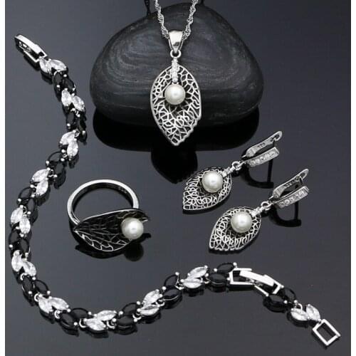 Gift for Women 925 Silver Black Jewelry Set Punk Style Pearl Ring Earrings Necklace Pendant Bracelet Party Jewelry