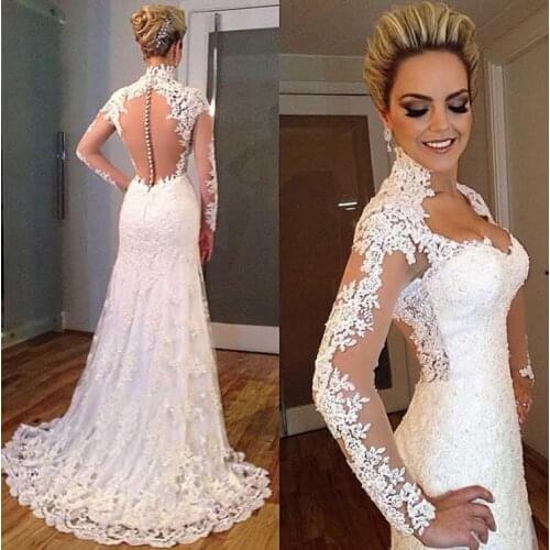 Elegant Long Sleeve Mermaid Lace Wedding Dresses 2016 Lace Appliques Wedding Bridal Gowns Robe De Mariage Vestido De Noiva EE38