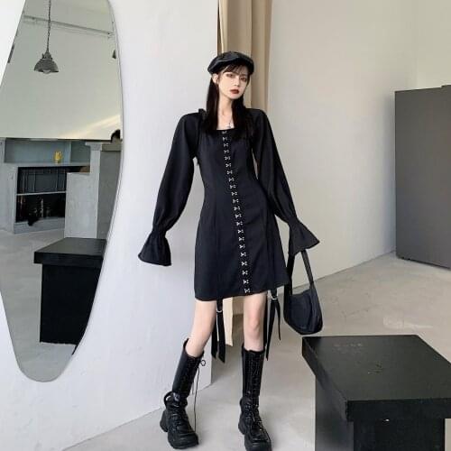 Autumn Winter Dress Women Square Collar Long Flare Sleeve Solid Mini Dresses Black High Street Vintage Cute Korean Clothing