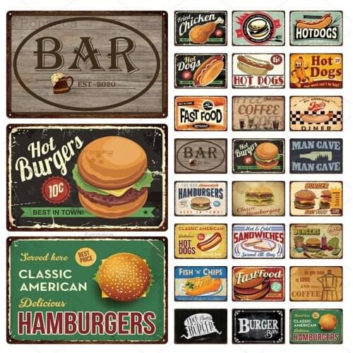 Hot Dog Hamburgers Sandwich Tin Sign Vintage Metal Plaque Wall Decor for Cafe Bistro Restaurant Decorative Iron Plate 20X30Cm