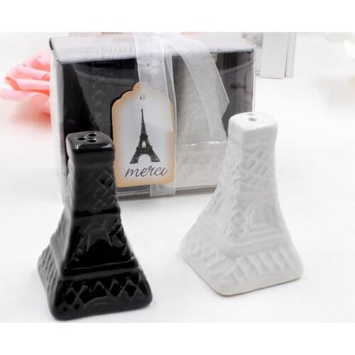 2pcs Vintage Eiffel Tower Salt Pepper Shaker Ceramic Spice Sauces Jar Condiment Bottles Wedding Souvenirs (Black and White)