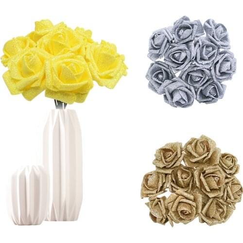 5/10/20pcs 6.5cm Gold Silver Artificial PE Foam Rose Flowers Heads DIY Crafts Wreaths Bride Fake Bouquets Wedding Decor Supplies
