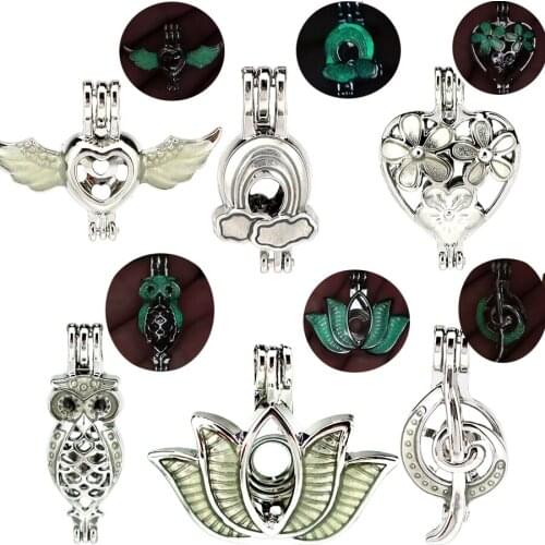 6X Green Luminous Wings Lotus Heart Music Owl Beads Pearl Cage Perfume Diffuser Glow in Dark Locket Pendant