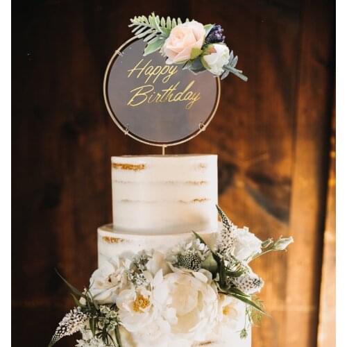 Acrylic Happy Birthday Cake Topper Artificial Flowers Cupcake Toppers For Baby Shower Birthday Baking Cake Decoration Love Gifts