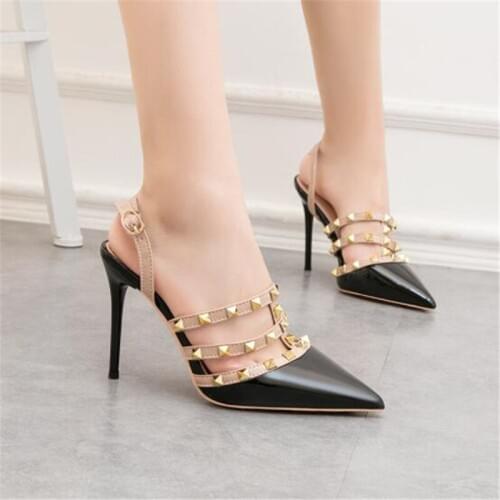 Patent Leather Rivets High Heel Sandals Women Shoes Pointed Toe Sexy Sandals Ladies Ankle Strap Sandals Gladiator Shoes