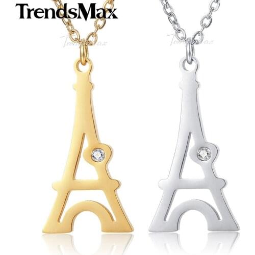 Trendsmax Eiffel Tower Pendant Necklace Ladies Womens Chain Stainless Steel Rolo Link Gold Silver Color KKNM149