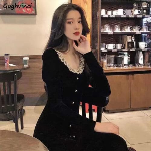 Elegant Dresses Womens High Waist Solid Long Sleeve Button Lace O-neck Mid-calf A-line Soft Simple Vintage Korean Style Fashion