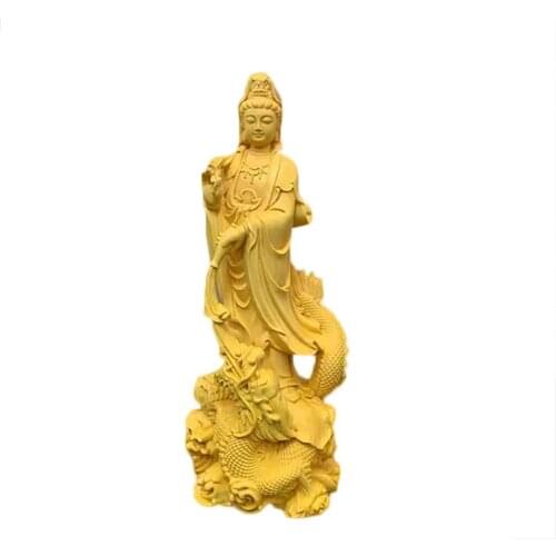 Solid wood Dripping dragon Guanyin statue Modern art sculpture High-end home decoration figurines Exquisite carving 17cm