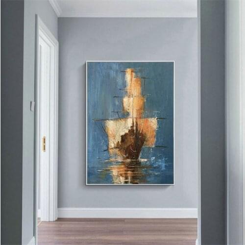 Hand Painted Modern Large Abstract white Blue sailboat on the sea Home Decor Picture seascape wall art Oil Painting On Canvas