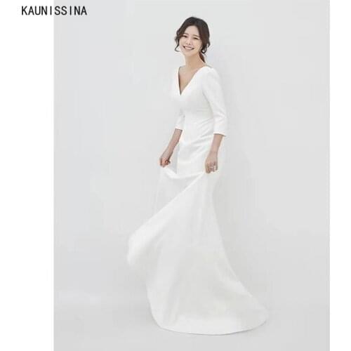 KAUNISSINA Mermaid Wedding Dresses Women 3/4 Sleeve V Neck White Bride Dress Satin Sweep Train Wedding Gowns Vestido de Voiva