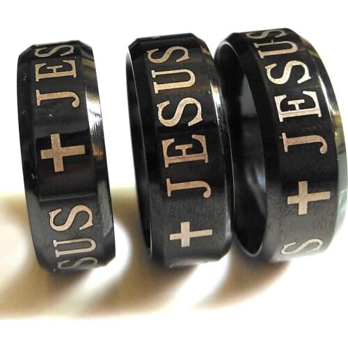 50pcs Black JESUS CROSS Stainless Steel Rings Mens Religious Christian Band Ring Comfort-fit Bevel Edges Man Gift Jewelry